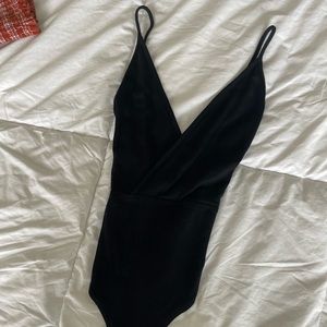 “Forever 21” Black Spaghetti Strap Open-Back Bodysuit with Cross-Body Front